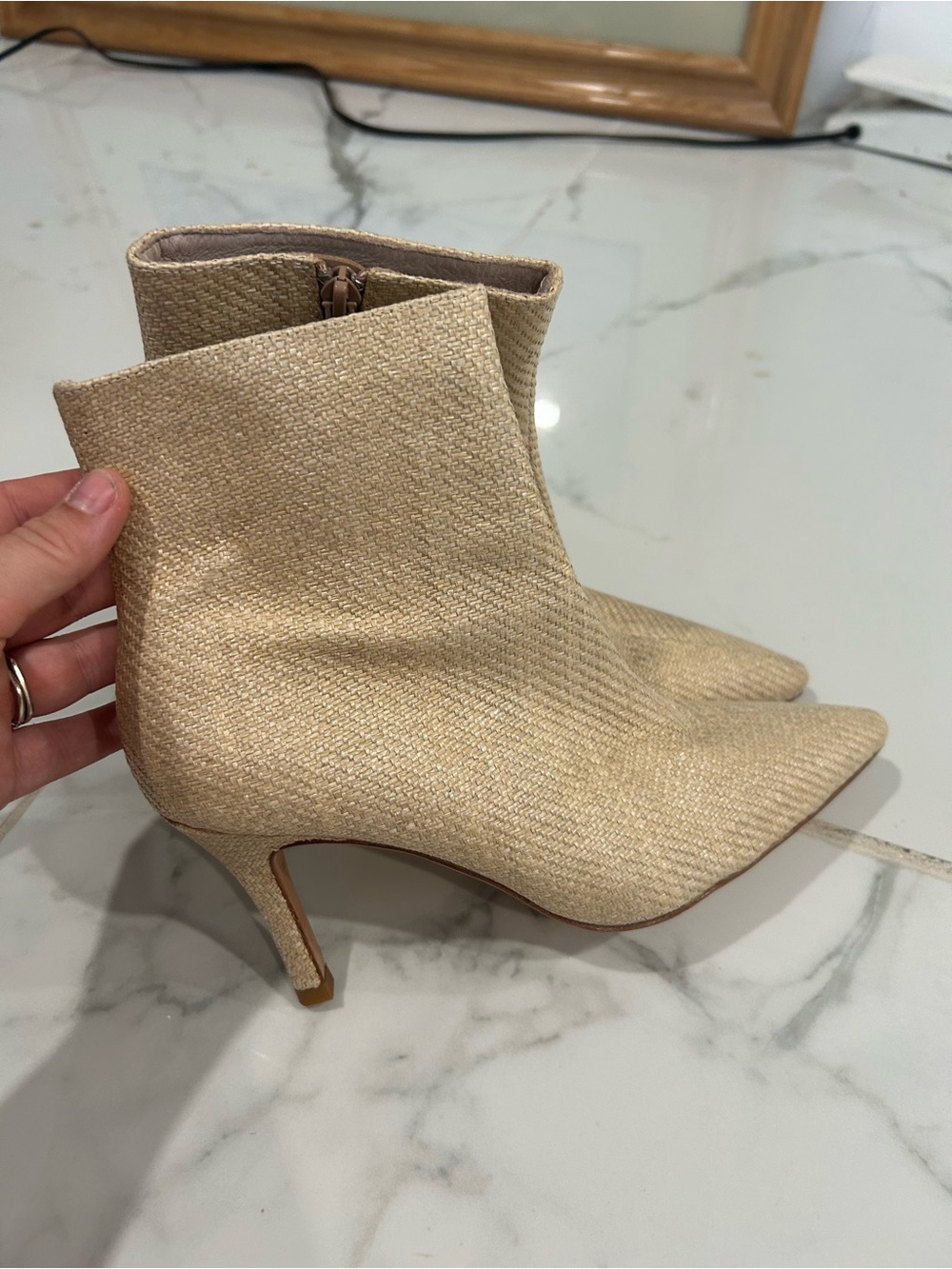 RAYE Beige Textured Pointed Toe Ankle Booties